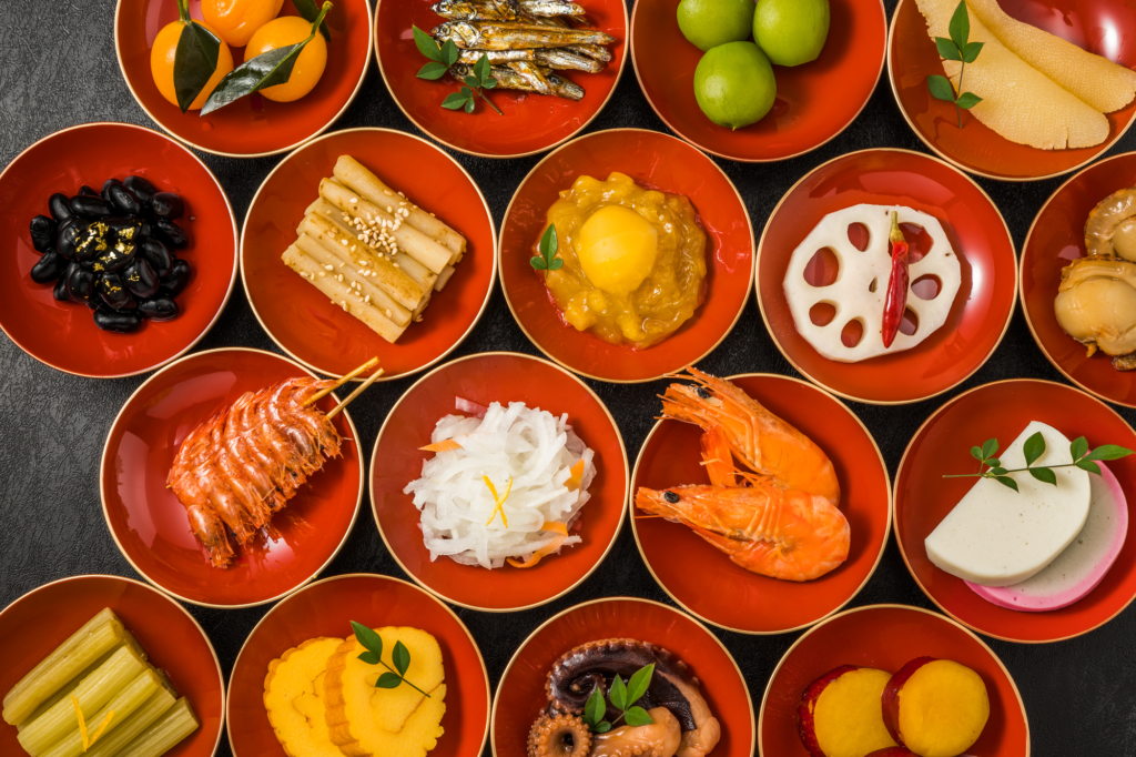 an array of osechi dishes