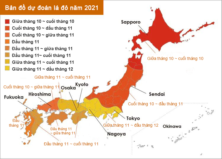 Bản đồ dự đoán lá đỏ ở Nhật Bản năm 2021